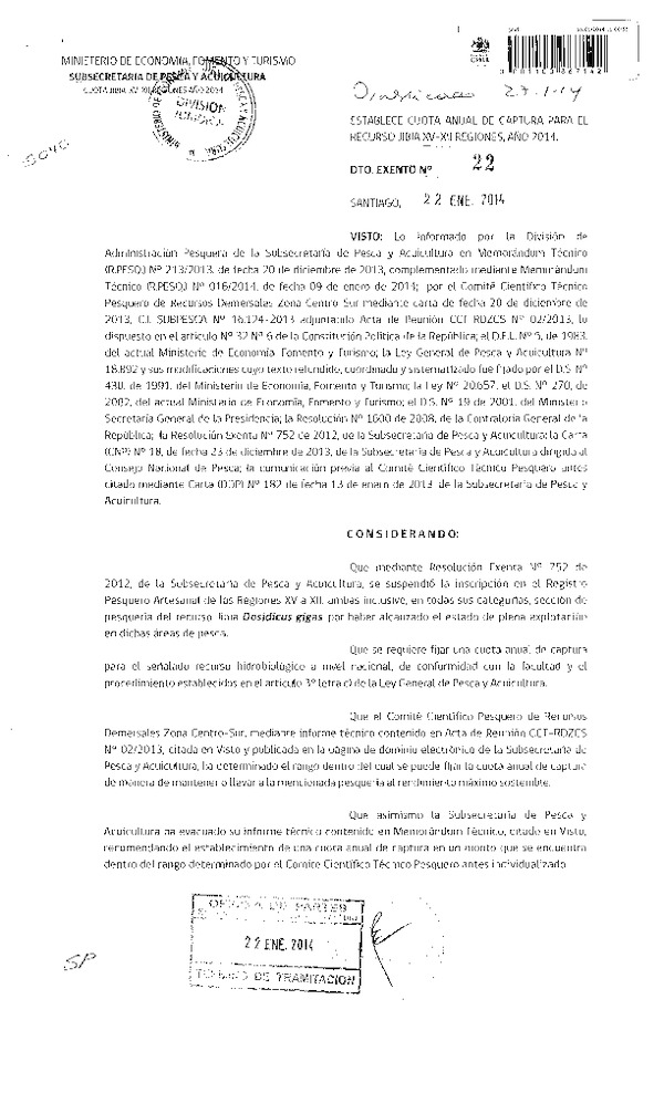 D EX 22-2014 Establece cuota anual de captura recurso Jibia, XV-XII Región. (F.D.O. 27-01-2014)