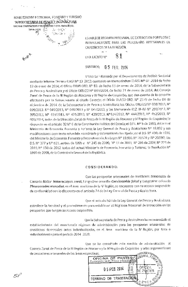 D EX Nº 81-2014 Establece Régimen Artesanal de Extracción por Flota e Individualmente, pesquerías Artesanales de Crustáceos, IV Región.