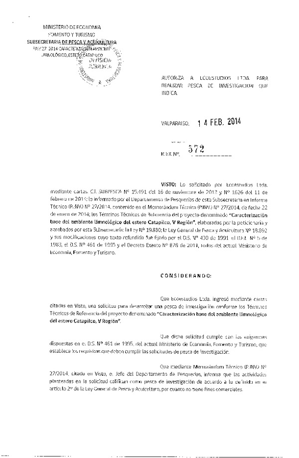 R EX Nº 572-2014 Caracterización base del ambiente Limnológico deñ estero Catapilco, V Región.