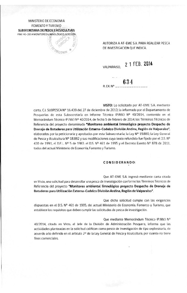 R EX Nº 634-2014 Monitoreo ambiental limnológico Región de Valparaíso.