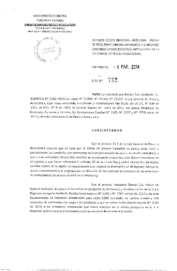 R EX N° 732-2014 Autoriza Cesión Recurso Sardina común y Anchoveta, V-X Región.