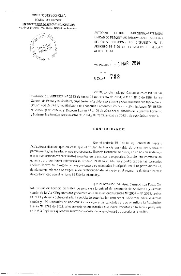 R EX N° 733-2014 Autoriza Cesión Recurso Sardina común y Anchoveta, V-X Región.