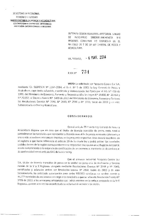 R EX N° 734-2014 Autoriza Cesión Recurso Sardina común y Anchoveta, V-X Región.