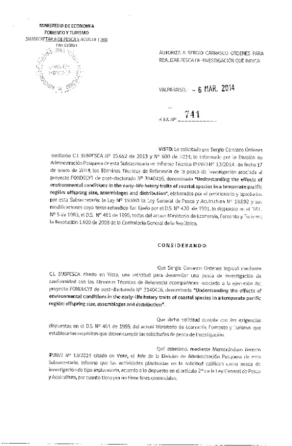 R EX N° 741-2014 Autoriza a Sergio Carrasco Órdenes, Pesca de Investigación.