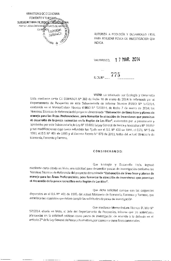 R EX N° 775-2014 Elaboración de línea base y planes de manejo para áreas preferenciales, XIV Región.
