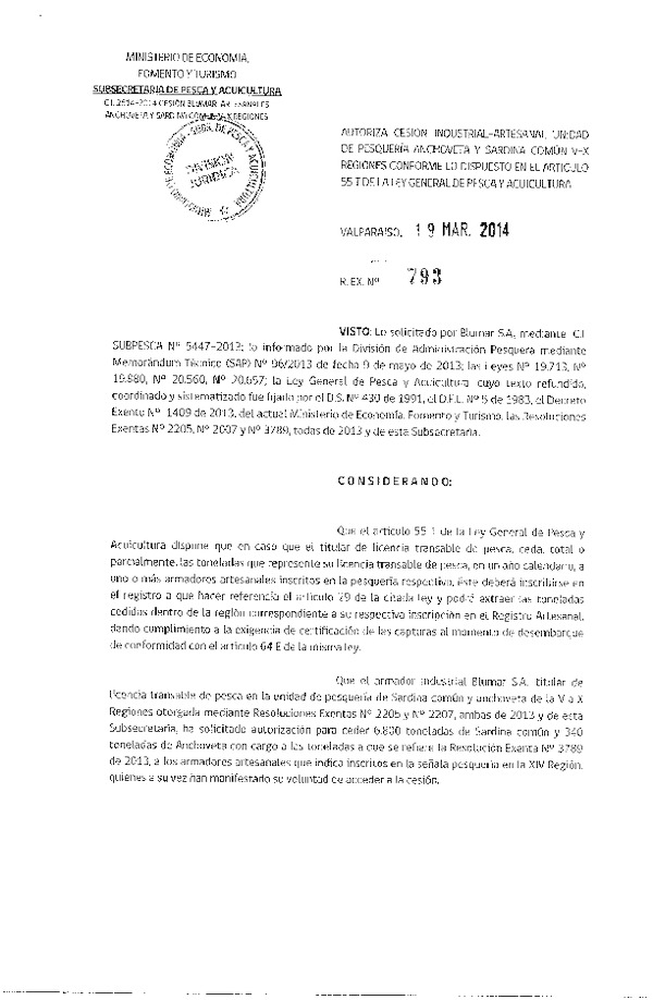 R EX N° 793-2014 Autoriza Cesión Recurso Sardina común y Anchoveta, V-X Región.