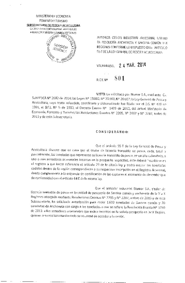 R EX N° 801-2014 Autoriza Cesión Recurso Sardina común y Anchoveta, V-X Región.