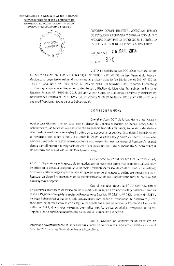 R EX N° 879-2014 Autoriza Cesión Recurso Sardina común y Anchoveta, V-X Región.