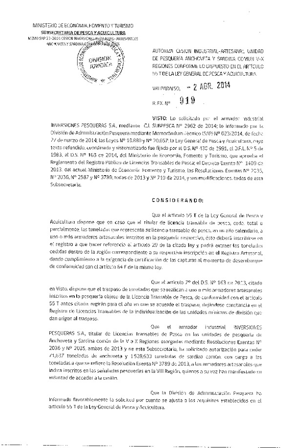 R EX N° 919-2014 Autoriza Cesión Recurso Sardina común y Anchoveta, V-X Región.
