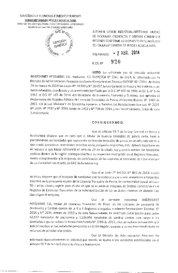 R EX N° 920-2014 Autoriza Cesión Recurso Sardina común y Anchoveta, V-X Región.