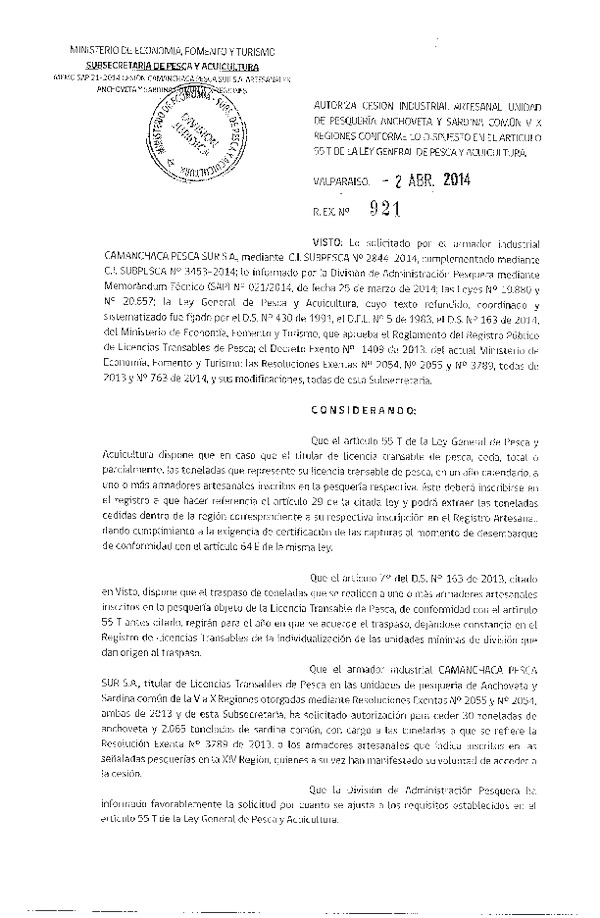 R EX N° 921-2014 Autoriza Cesión Recurso Sardina común y Anchoveta, V-X Región.