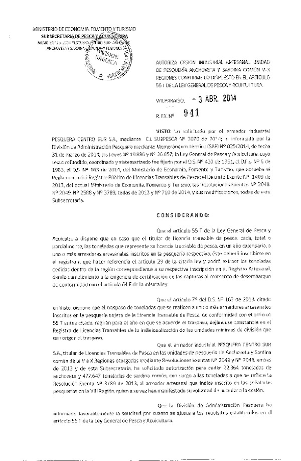 R EX N° 941-2014 Autoriza Cesión Recurso Sardina común y Anchoveta, V-X Región.