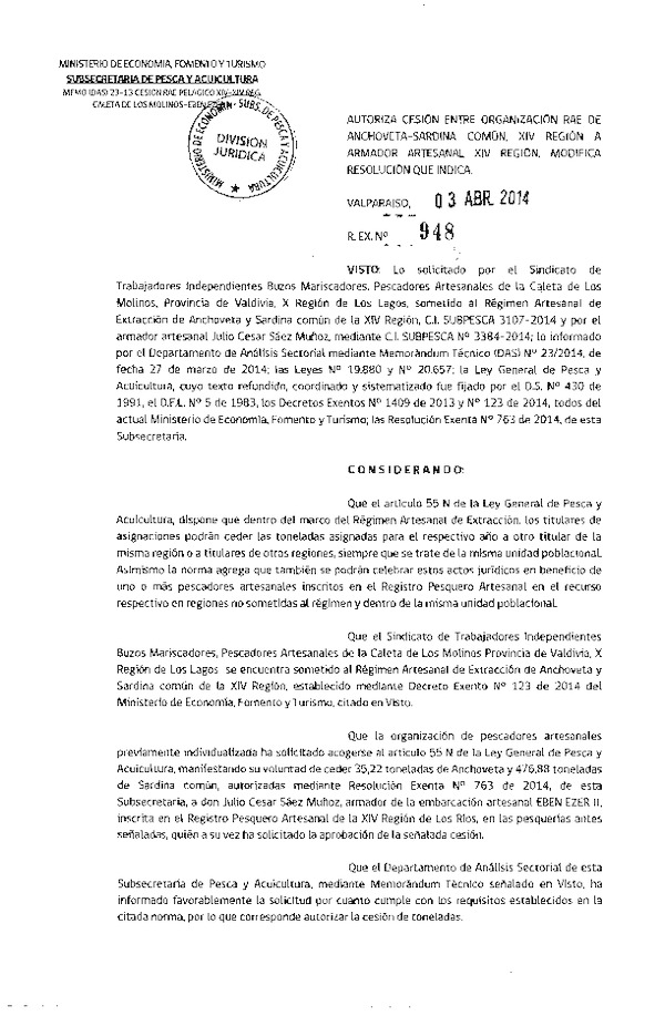 R EX N° 948-2014 Autoriza Cesión Anchoveta y Sardina común, XIV Región.