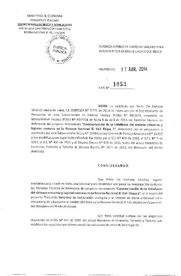 R EX N° 1053-2014 Cracterización de la ictofauna del sistema estuarino y lagunas en la Reserva Nacional El Yali.