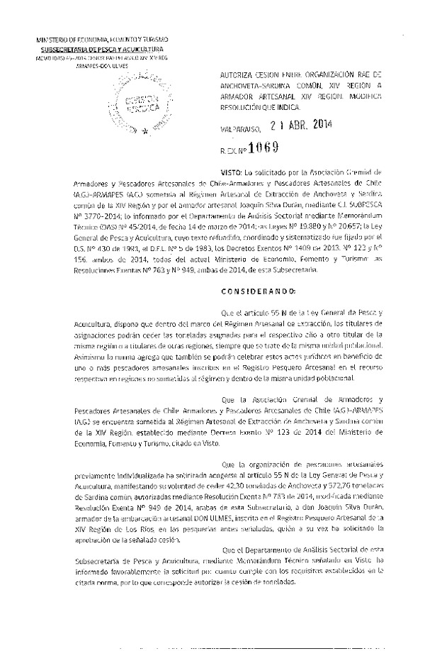 R EX N° 1069-2014 Autoriza Cesión Anchoveta y Sardina común, XIV Región.