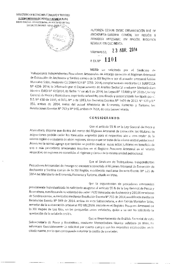 R EX N° 1101-2014 Autoriza Cesión Anchoveta y Sardina común, XIV a XIV Región.