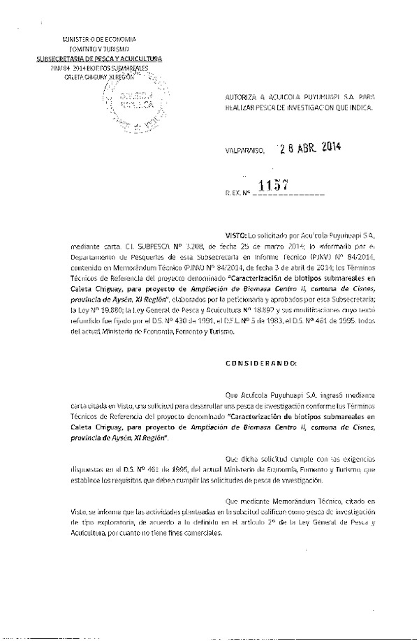 R EX N° 1157-2014 Caracterización de biotipos submareales en Caleta Chiguay, XI Región.