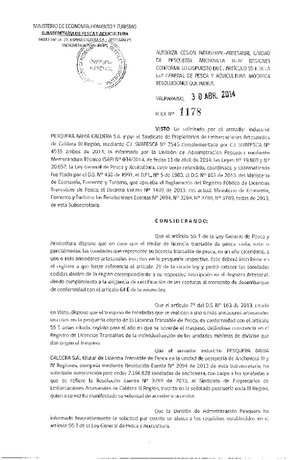 R EX N° 1178-2014 Autoriza Cesión Recurso Anchoveta, III-IV Región.