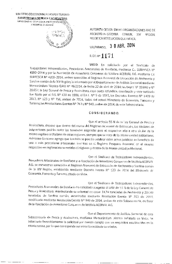 R EX N° 1171-2014 Autoriza Cesión Anchoveta y Sardina común, XIV Región.