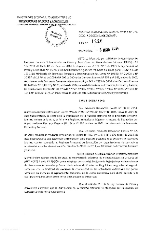 R EX N° 1220-2014 Modifica R EX Nº 30, N° 726 ambas de 2014 Distribución de la Fracción artesanal Pesquería de Merluza común IV-VIII Región. (Subida a Pag. Web 08-05-2014)