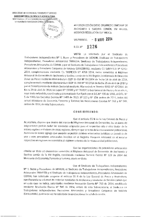 R EX N° 1226-2014 Autoriza Cesión Anchoveta y Sardina común, XIV Región.