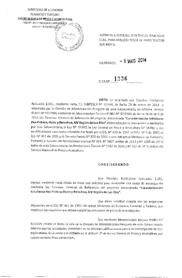 R EX N° 1236-2014 Caracterización ictiofauna ríos Pichico, Huite y Remehue, XIV Región.