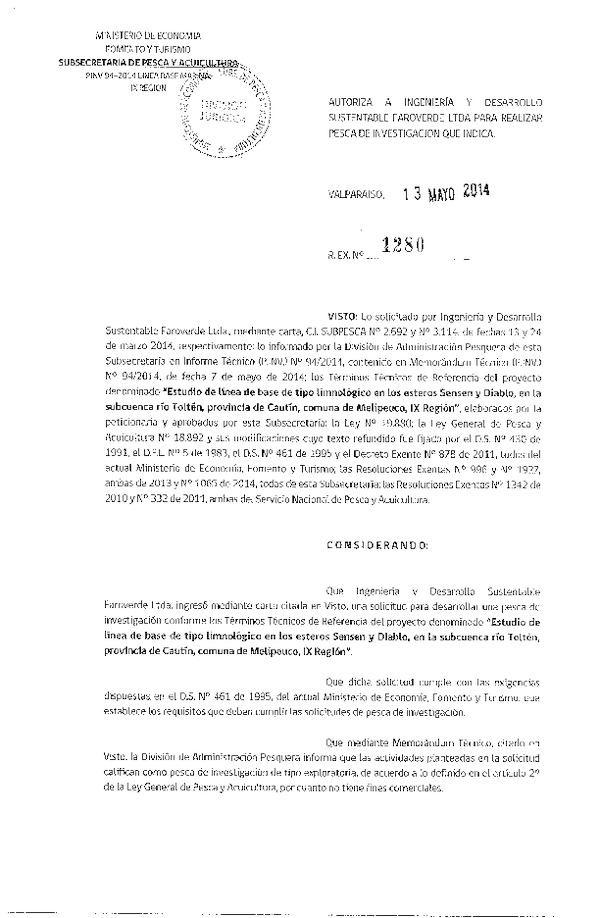 R EX N° 1280-2014 Estudio de línea base de tipo limnológico esteros Sensen y Diablo, IX Región.