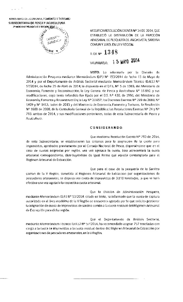 R EX N° 1348-2014 Modifica R EX Nº 24-2014 Distribución de la Fracción Artesanal cuota anual de captura Anchoveta Sardina común y Jurel, V Región. (Subida a Pag. Web 15-05-2014)
