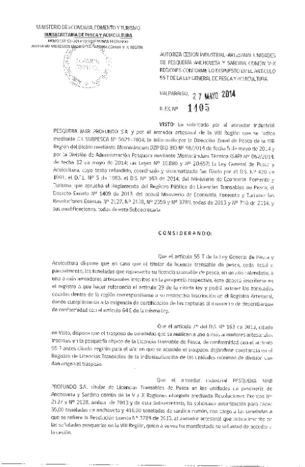 R EX Nº 1405-2014 Autoriza Cesión Recurso Anchoveta y Sardina común V-X a VIII Región.