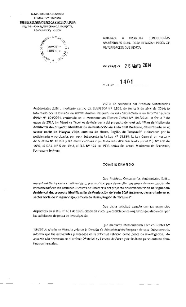 R EX N° 1401-2014 Plan de vigilancia ambiental del proyecto Modificación de producción de yodo SCM Bullmine.