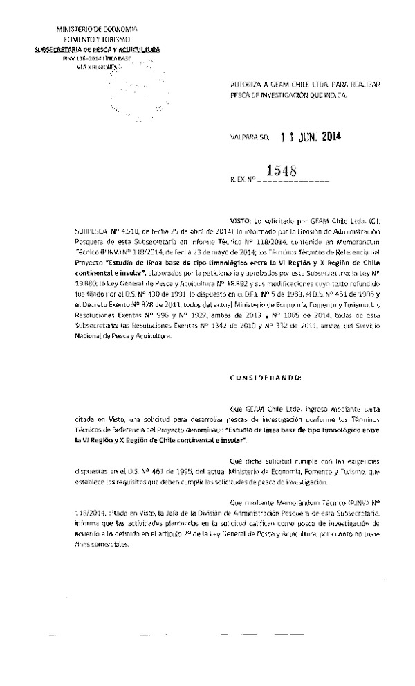 R EX N° 1548-2014 Estudio de línra base tipo li,mológico entre la VI y X Región.