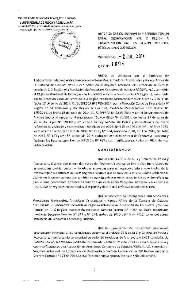 R EX N° 1698-2014 Autoriza Cesión Anchoveta y Sardina común, X a XIV Región.