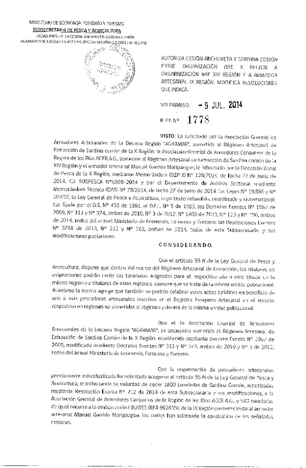 R EX N° 1778-2014 Autoriza Cesión Anchoveta y Sardina común, X a XIV Región.