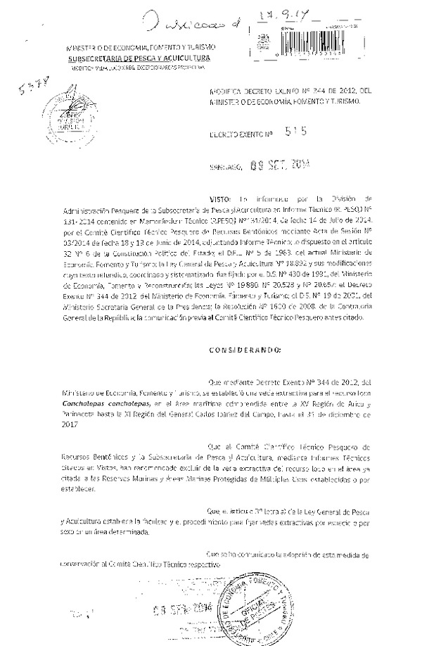 D EX N° 515-2014 Modifica D EX N° 344-2012 Veda extractiva recurso Loco, XV-XI Región. (Publicado en Diario Oficial 17-09-2014)