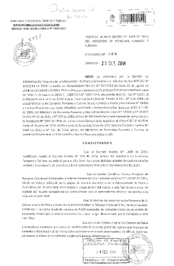 D EX N° 569-2014 Modifica D EX Nº 1408-2013 Establece cuota de captura de camaron nailon II-VIII (Publicado en Diario Oficial 06-10-2014)
