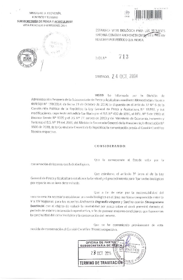 D EX N° 713-2014 Estableve Veda Biológica recursos Sardina común y Anchoveta entre la V y la XIV Región.