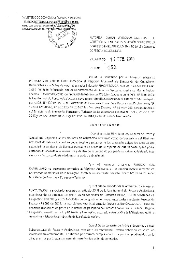 R EX N° 452-2015 Autoriza Cesión Crustáceos Demersales IV Región.
