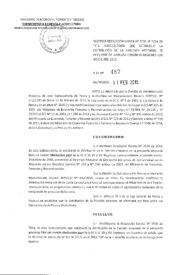 R EX N° 487-2015 Modifica R EX N° 3596-2014 Distribución de la Fracción Artesanal de Pesquería de Merluza común, IV-VIII Regiones, año 2015. (Publicada en Diario Oficial 24-02-2015)