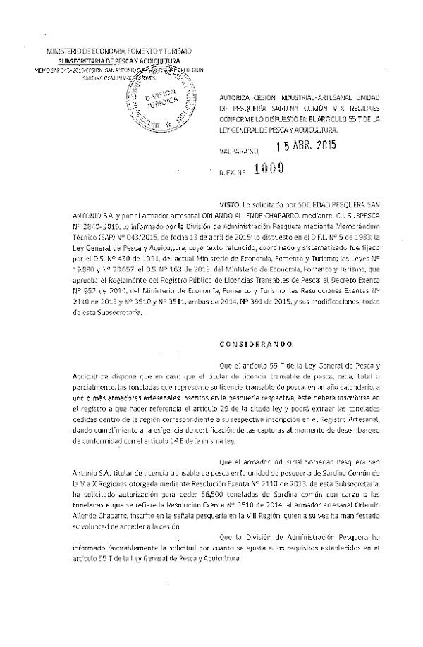 R EX N° 1009-2015 Autoriza cesión Sardina común, VIII Región.