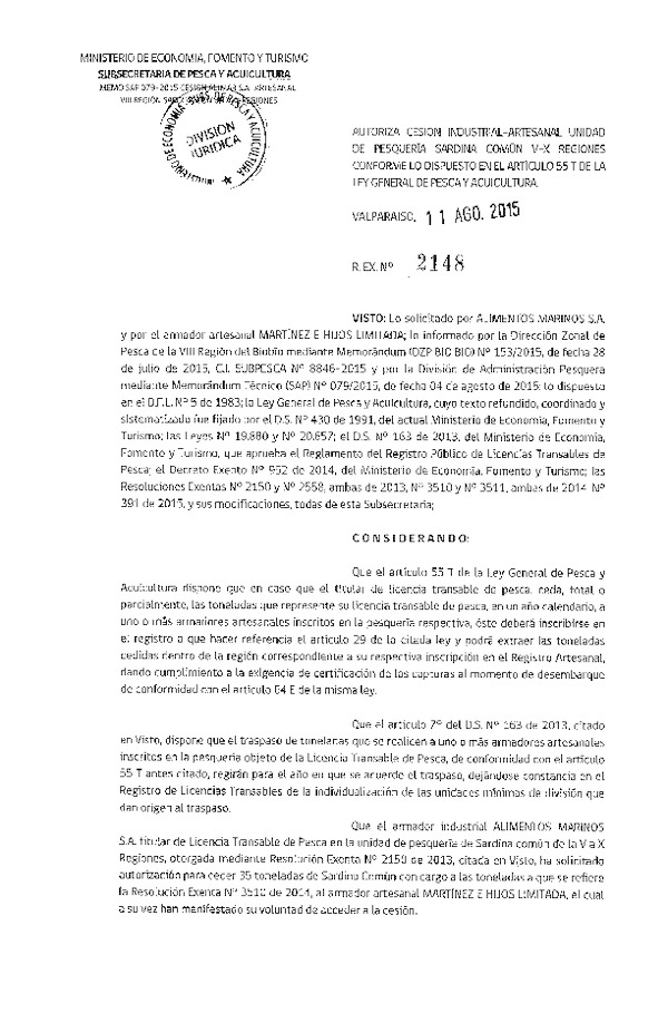 Res. Ex. N° 2148-2015 Autoriza cesión sardina común VIII Región.