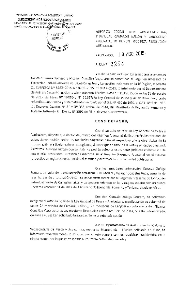 Res. Ex. N° 2284-2015 Autoriza cesión Camarón nailon y langostino colorado, IV Regíón.
