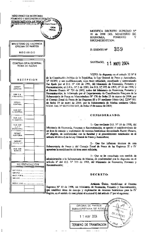 Dec. Ex. N° 359-2004 Modifica D.S. N° 10-1998 Puerto Oscuro, IV Región.