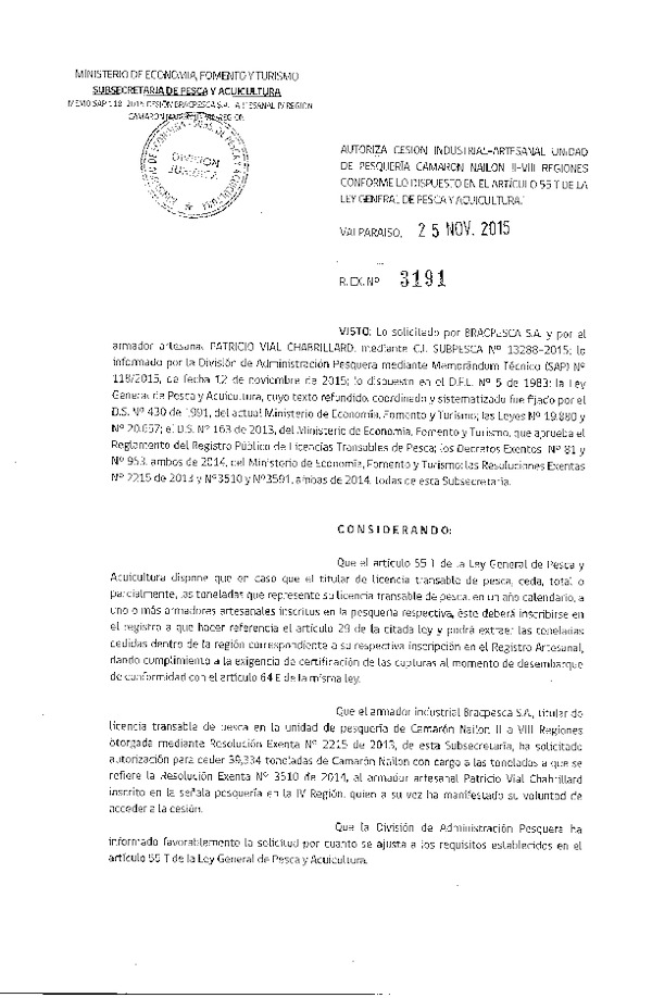Res. Ex. N° 3191-2015 Autoriza Cesión Camarón Nailon, II-VIII Regones.