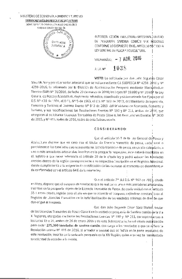 Res. Ex. N° 1038-2016 Autoriza Cesión Sardina común XIV Región.