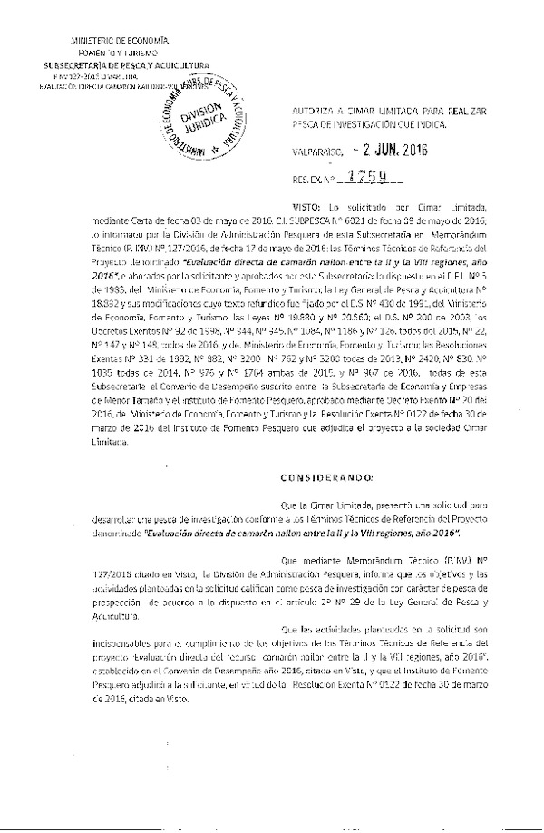 Res. Ex. N° 1759-2015 Evaluación directa de Camarón nailon II-VIII Regiones.