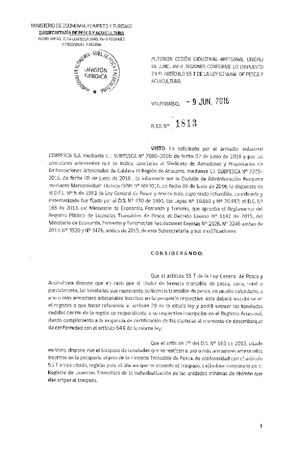 Res. Ex. N° 1813-2016 Autoriza cesión Jurel III Región.