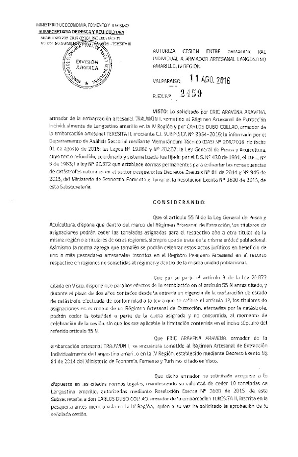 Res. Ex. N° 2459-2016 Autoriza Cesión Individual Langostino Amarillo, IV Región.