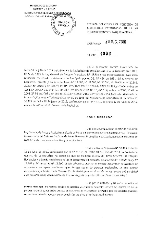 Res. Ex. N° 4096-2016 Rechaza solicitudes de concesión de acuicultura presentadas en la XII Región.