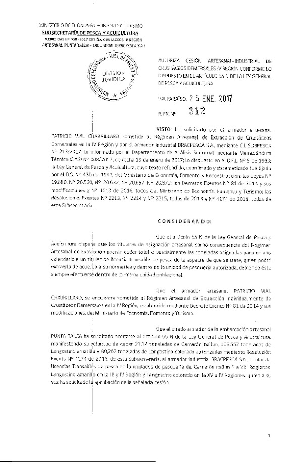 Res. Ex. N° 312-2017 Autoriza cesión crustáceos demersales, IV Región.