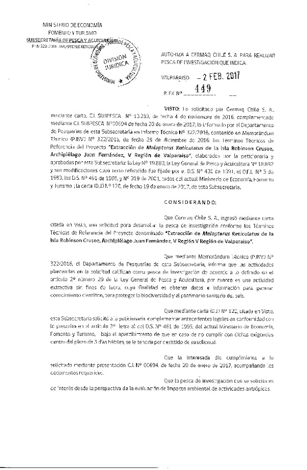 Res. Ex. N° 449-2017 Extracción de Malapterus reticulatus, V Región.